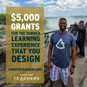 Teacher at Niagra Falls with text "$5,000 grants for the summer learning experience that you design."